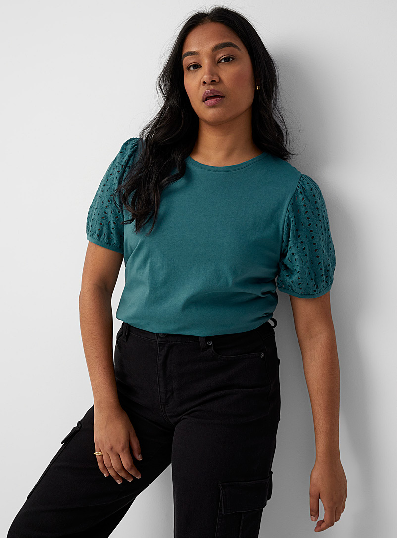 Contemporaine Teal green Broderie anglaise sleeve T-shirt for women