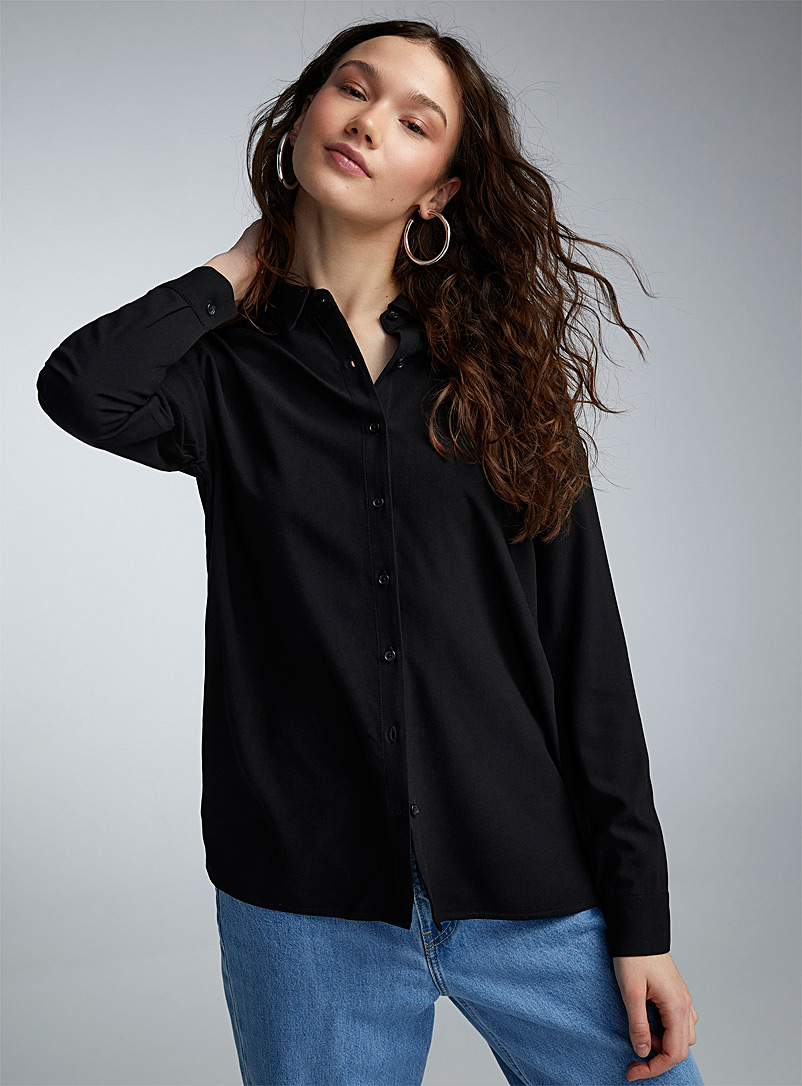 Twik Black Flowy straight-fit shirt for women