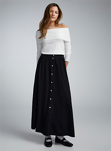 Women's Maxi Skirt with Ribbed Material, High Slit and Buttons A-Line Swing  Long Skirts High Waist Bohemian Dress