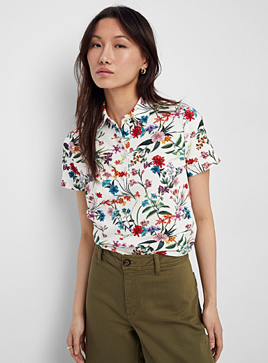 Contemporaine Patterned White Floral jersey polo for women