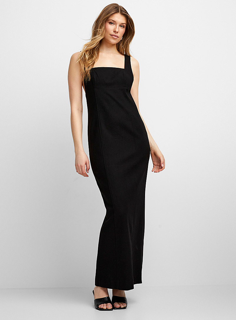 Icône: La longue robe col carré touche de lin Noir pour femme