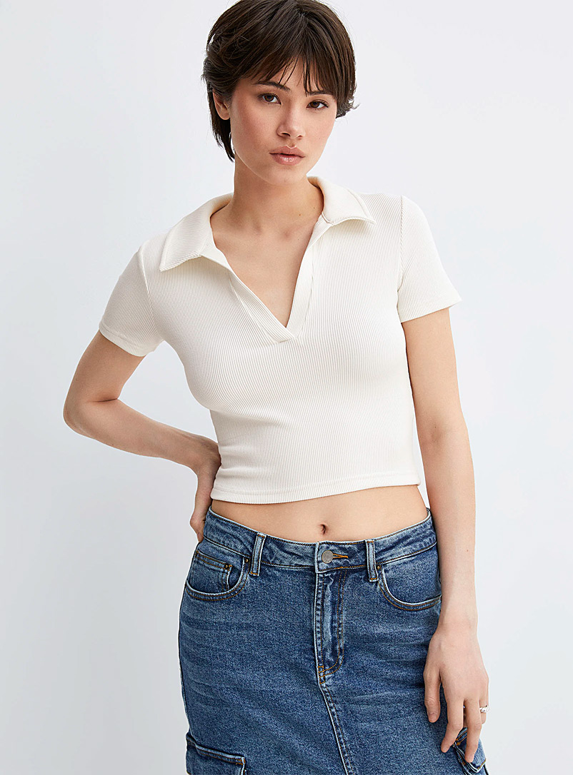 Twik Off White Finely ribbed Johnny collar T-shirt for women