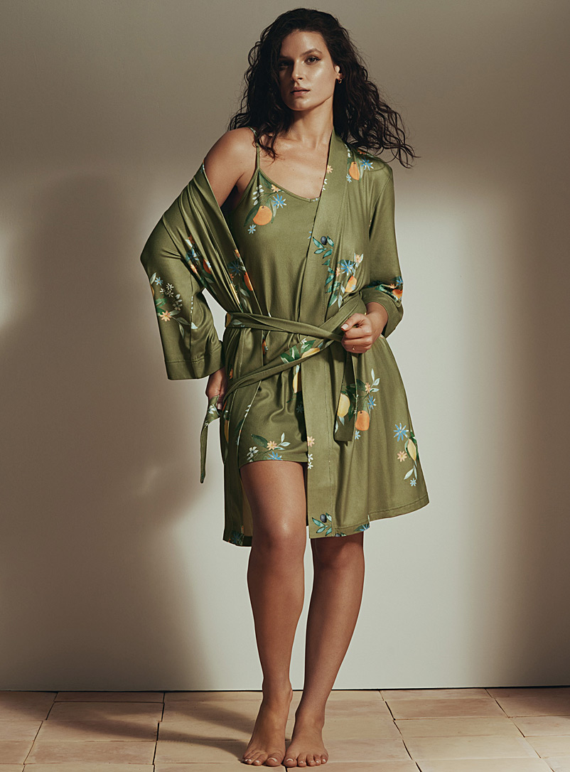 Miiyu: La peignoir velouté motif estival Vert foncé - Mousse pour femme