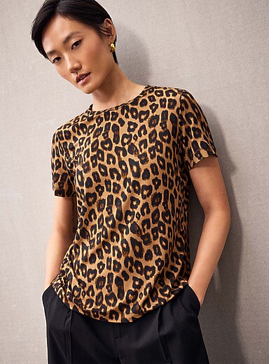Contemporaine Light Brown Patterned flowy crew-neck T-shirt for women