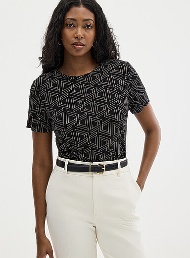 Contemporaine Patterned Black Patterned flowy crew-neck T-shirt for women