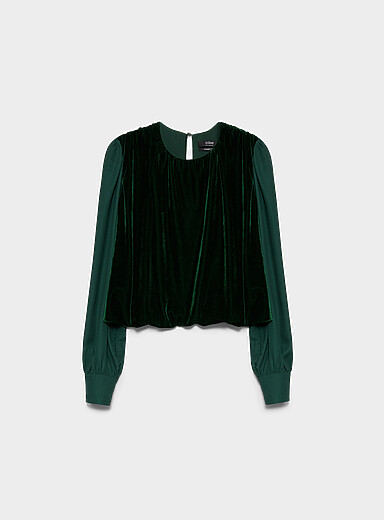 Ic&ocirc;ne Dark Green Chiffon sleeves soft velvet bubble blouse for women