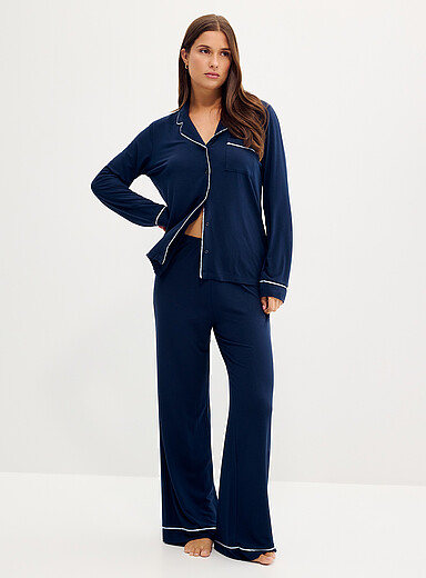 Miiyu Navy Flowy piped pyjama set for women