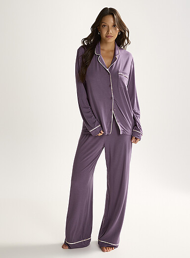Miiyu Mauve Flowy piped pyjama set for women