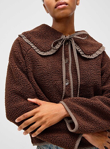 Twik Hazelnut Peter Pan collar fleece jacket for women