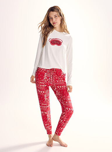 Miiyu x Twik: Le jogger pyjama ultradoux motif festif <b>Collection de No&euml;l</b> Rouge &agrave; motifs pour femme