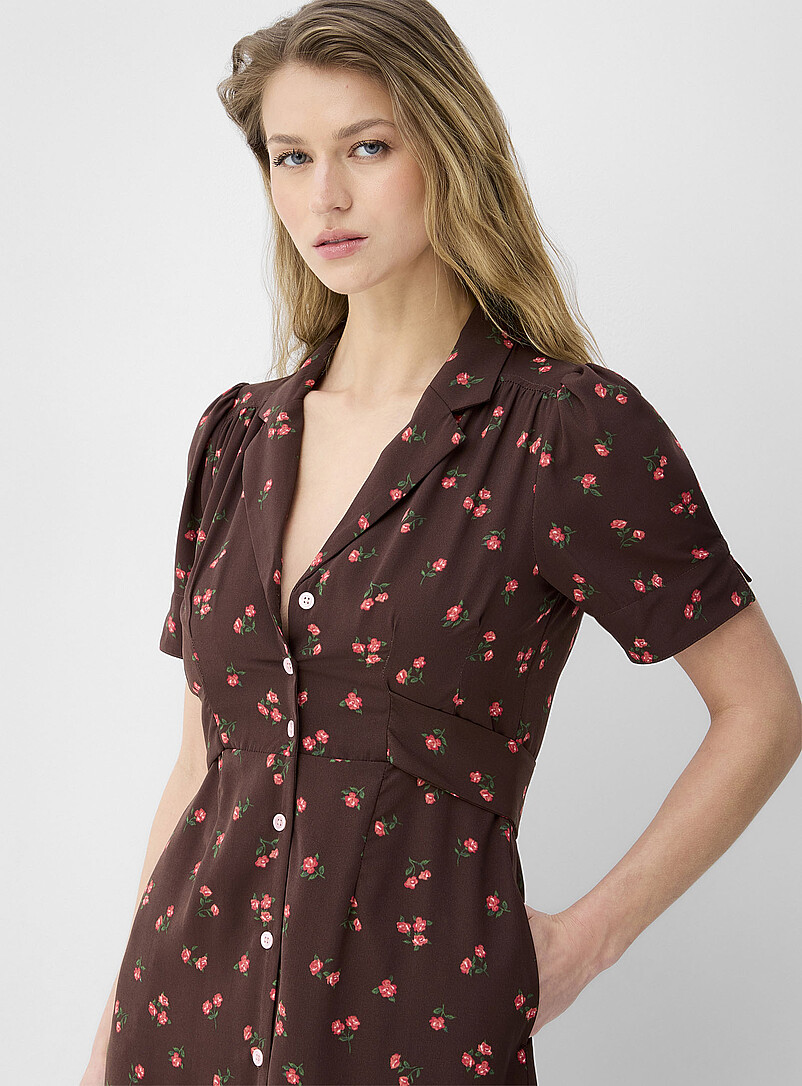Ic&ocirc;ne: La robe midi ceintur&eacute;e col crant&eacute; Noir &agrave; motifs pour femme
