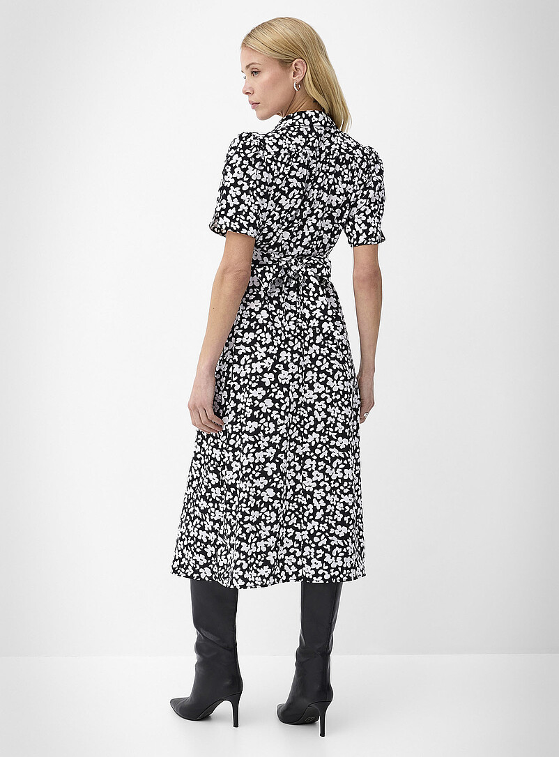 Ic&ocirc;ne: La robe midi ceintur&eacute;e col crant&eacute; Noir &agrave; motifs pour femme