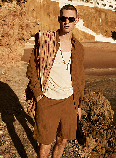 Le 31 Light Brown Crinkled cotton short <b>Inseam: 8.5" (21 cm)</b> for men
