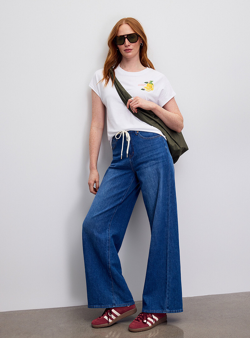 Contemporaine: Le t-shirt imprim&eacute; manches cape pur coton bio Bleu p&acirc;le pour femme
