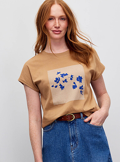 Contemporaine: Le t-shirt imprim&eacute; manches cape pur coton bio Sable pour femme