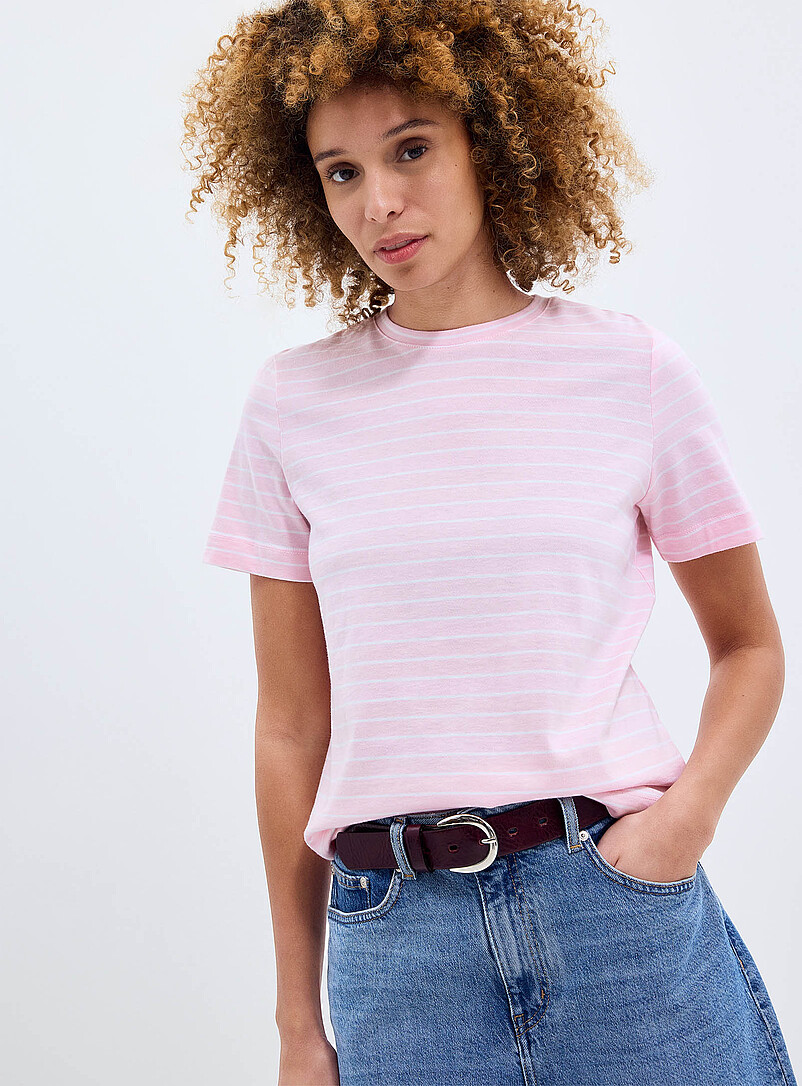 Contemporaine Patterned Brown Organic cotton striped T-shirt for women