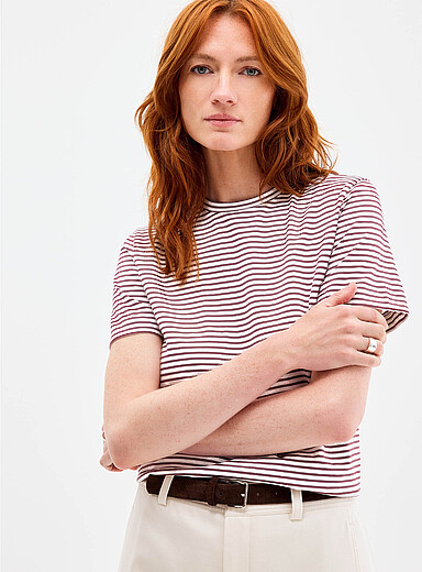 Contemporaine: Le t-shirt ray&eacute; coton bio Rouge &agrave; motifs pour femme