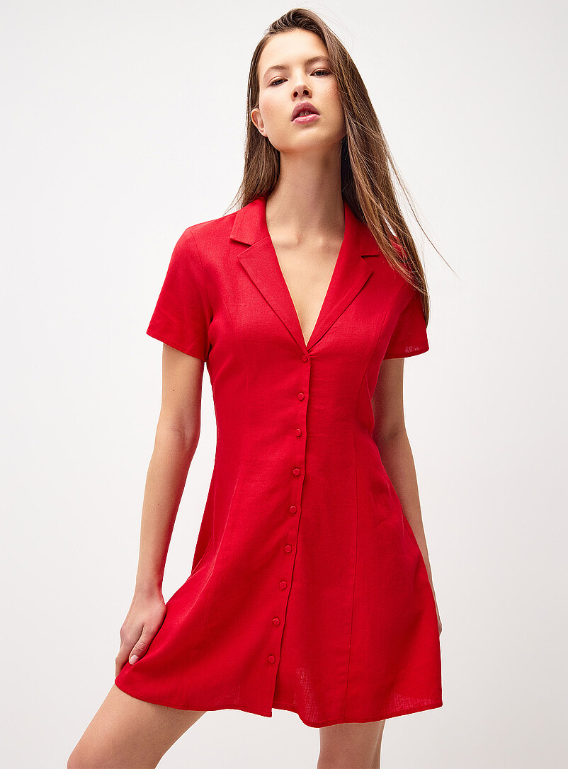 Twik Patterned Yellow Linen-blend notched collar shirtdress for women