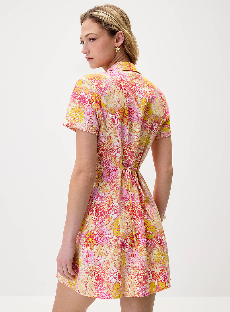 Twik Patterned Yellow Linen-blend notched collar shirtdress for women