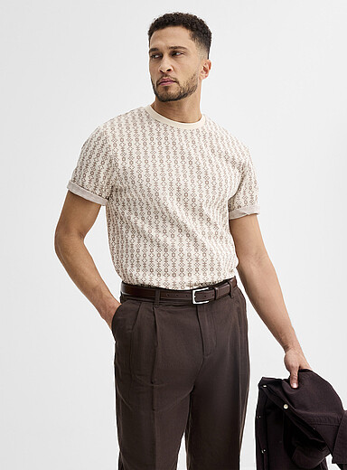 Le 31 Taupe Patterned jacquard T-shirt <b>Comfort fit</b> for men