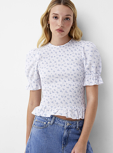 Touch of linen puff-sleeve smocked blouse