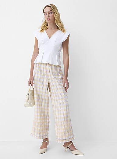 Touch of linen embroidered openwork wide-leg pant