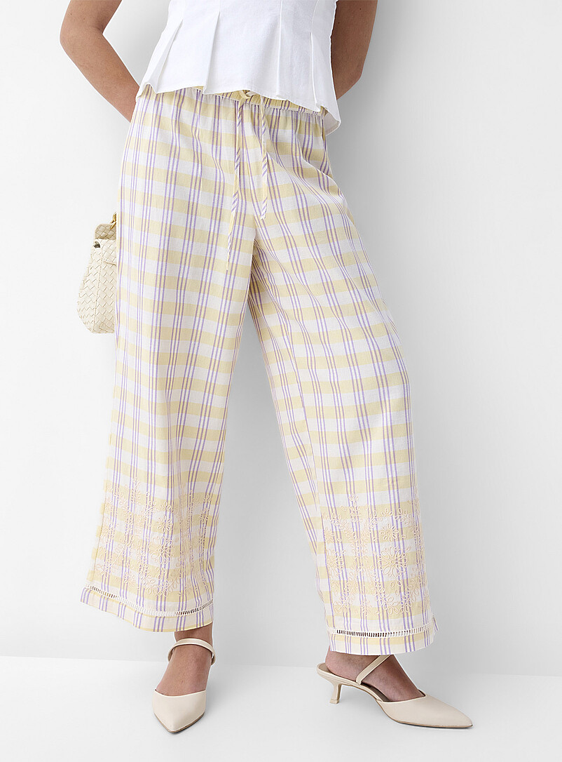 Ic&ocirc;ne Lilacs Touch of linen embroidered openwork wide-leg pant for women