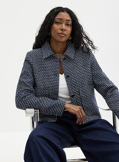 Contemporaine: Le veston col chemise tweed bleu minuit Bleu &agrave; motifs pour femme