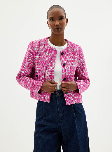 Contemporaine: Le veston col rond tweed fuchsia Rose pour femme