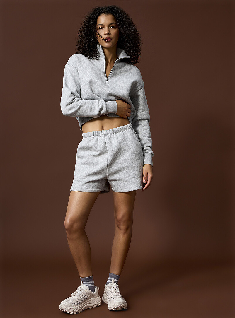 I.FIV5: Le sweat zipp&eacute; raccourci jersey molletonn&eacute; Gris pour femme