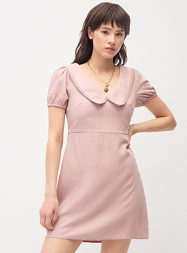 Twik Dusky Pink Peter Pan collar linen blend minidress for women
