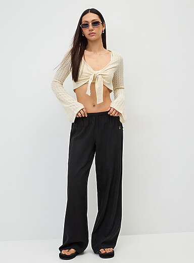 Le pantalon large lin m&eacute;lang&eacute; taille cordon