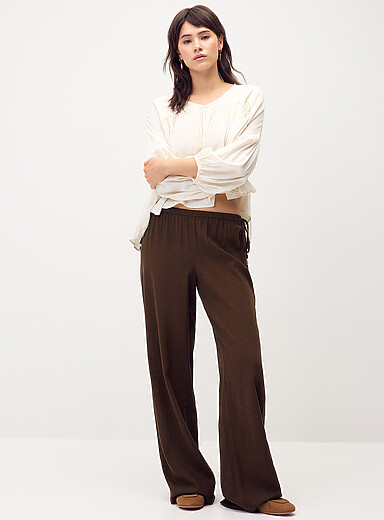 Drawcord waist linen-blend wide-leg pant