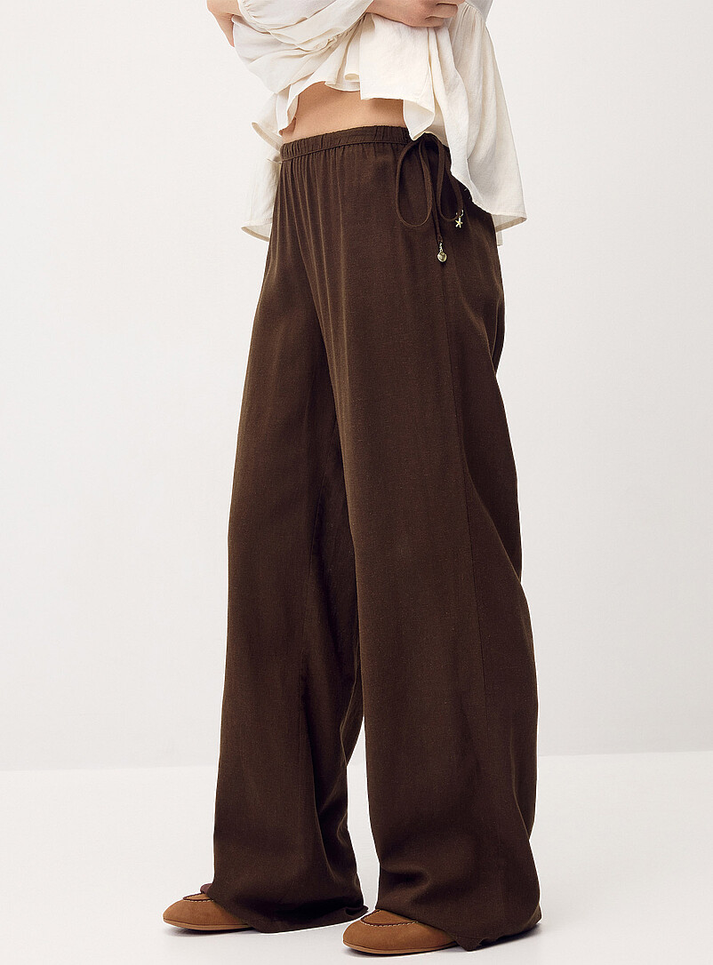 Twik Light Yellow Drawcord waist linen-blend wide-leg pant for women