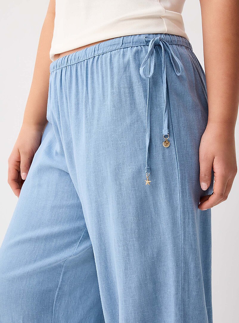 Twik: Le pantalon large lin m&eacute;lang&eacute; taille cordon Jaune p&acirc;le pour femme