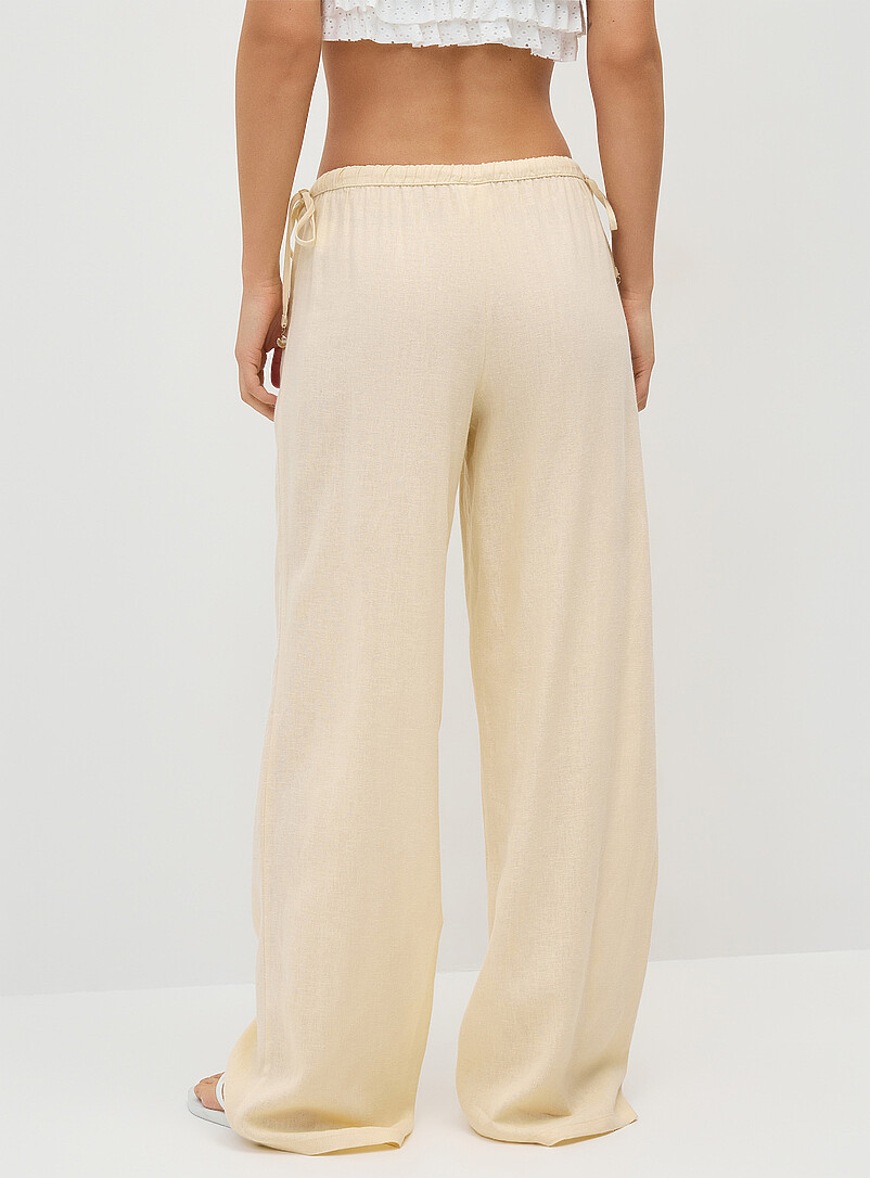 Twik: Le pantalon large lin m&eacute;lang&eacute; taille cordon Jaune p&acirc;le pour femme