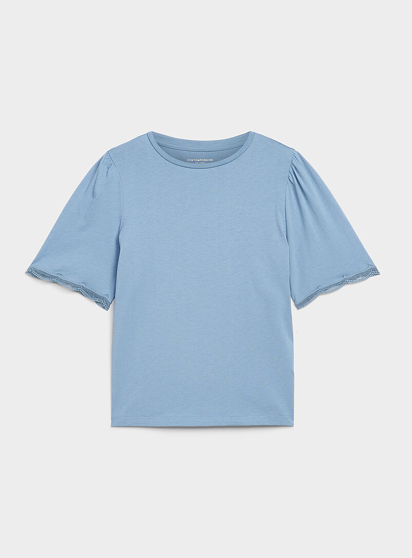 Contemporaine Navy/Midnight Blue Scalloped puff sleeves relaxed T-shirt for women