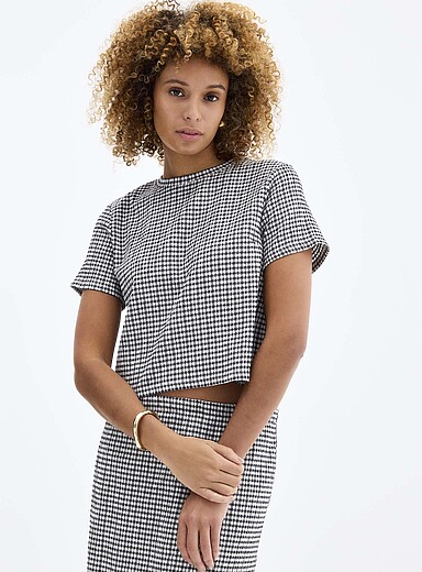 Stretch gingham boxy-fit T-shirt