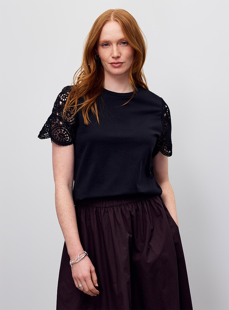Contemporaine: Le t-shirt manches crochet coton bio Cr&egrave;me pour femme