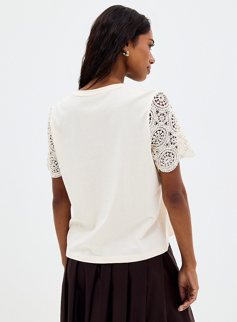 Contemporaine: Le t-shirt manches crochet coton bio Cr&egrave;me pour femme