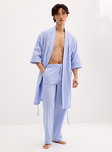 Le 31 Blue Lightweight patterned poplin robe for men