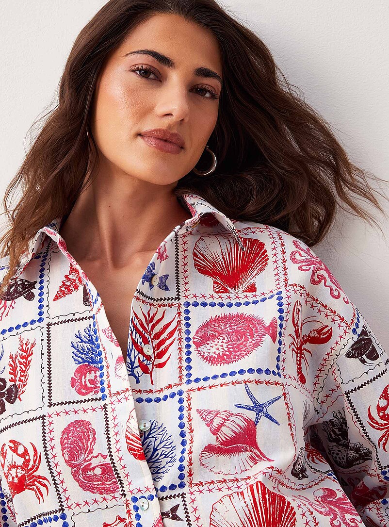 Ic&ocirc;ne: La chemise surdimensionn&eacute;e touche de lin &Eacute;cru &agrave; motifs pour femme