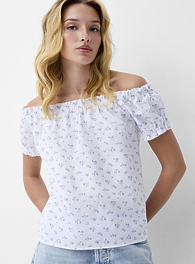 Ic&ocirc;ne: Le t-shirt &eacute;paules d&eacute;nud&eacute;es touche de lin Bleu moyen - Ardoise pour femme