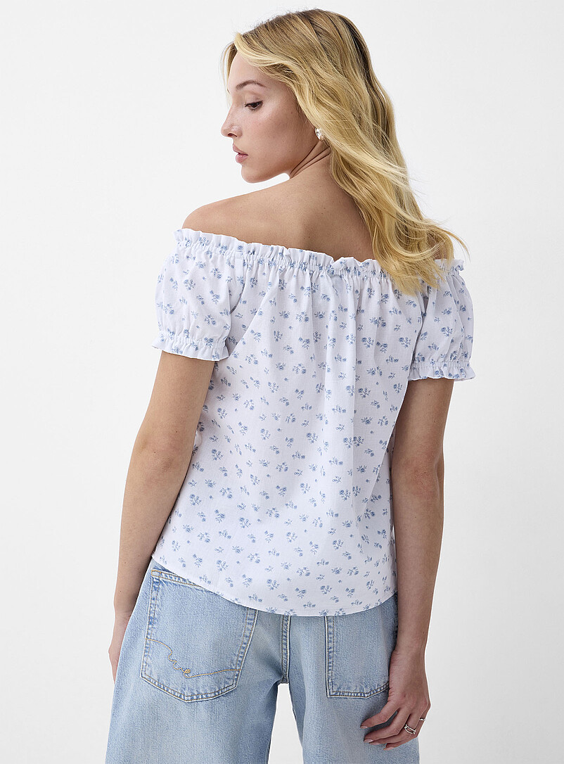 Ic&ocirc;ne: Le t-shirt &eacute;paules d&eacute;nud&eacute;es touche de lin Bleu moyen - Ardoise pour femme