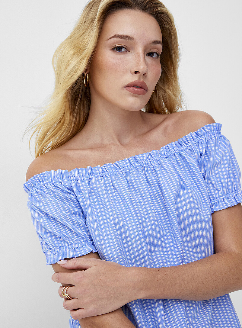 Ic&ocirc;ne: Le t-shirt &eacute;paules d&eacute;nud&eacute;es touche de lin Bleu moyen - Ardoise pour femme
