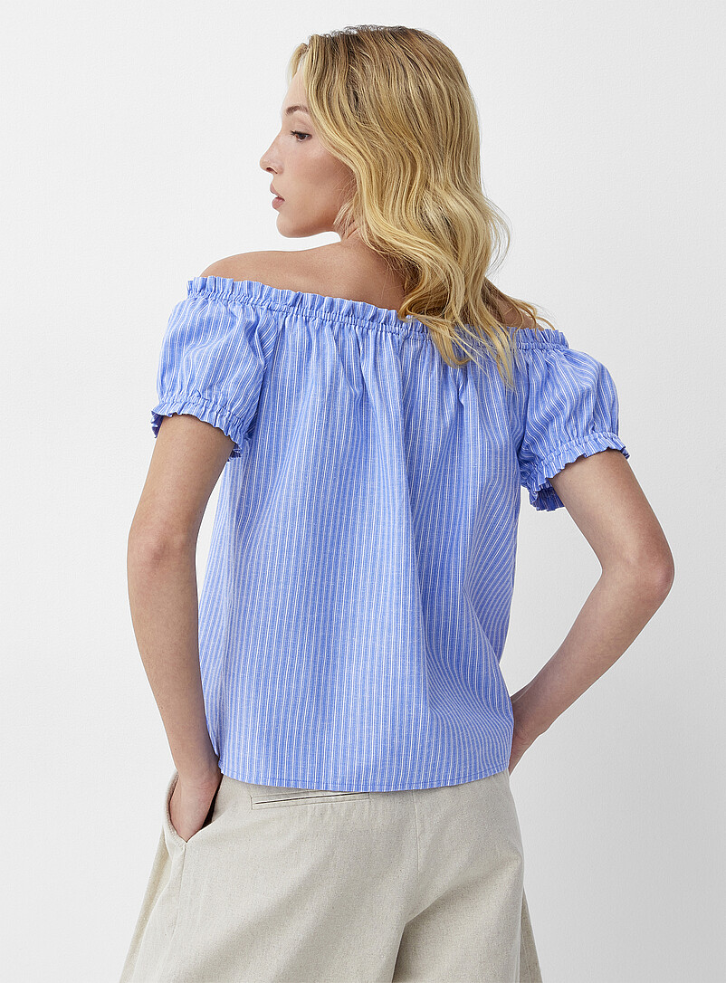 Ic&ocirc;ne: Le t-shirt &eacute;paules d&eacute;nud&eacute;es touche de lin Bleu moyen - Ardoise pour femme