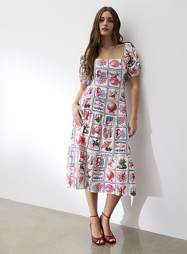 Ic&ocirc;ne: La robe &eacute;tag&eacute;e dos ouvert touche de lin &Eacute;cru &agrave; motifs pour femme