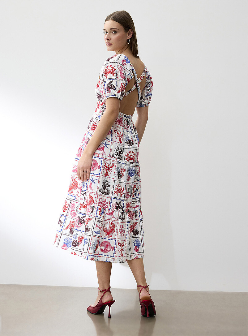 Ic&ocirc;ne: La robe &eacute;tag&eacute;e dos ouvert touche de lin &Eacute;cru &agrave; motifs pour femme