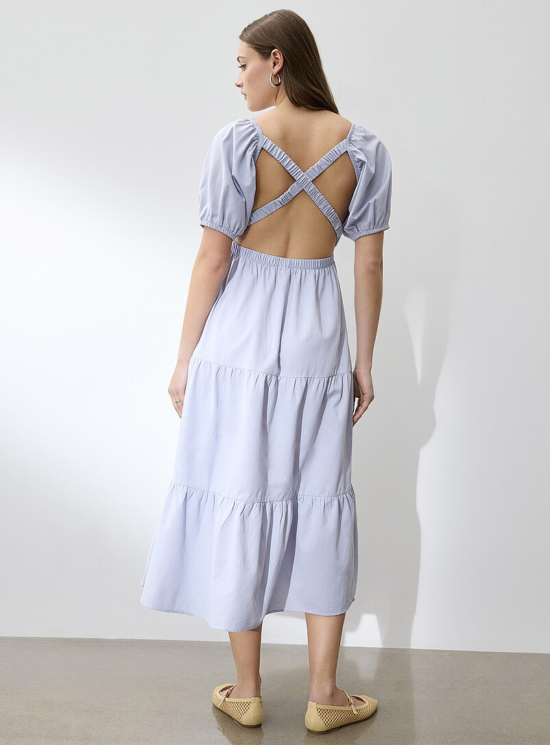 Ic&ocirc;ne Sky blue Touch of linen open-back tiered dress for women