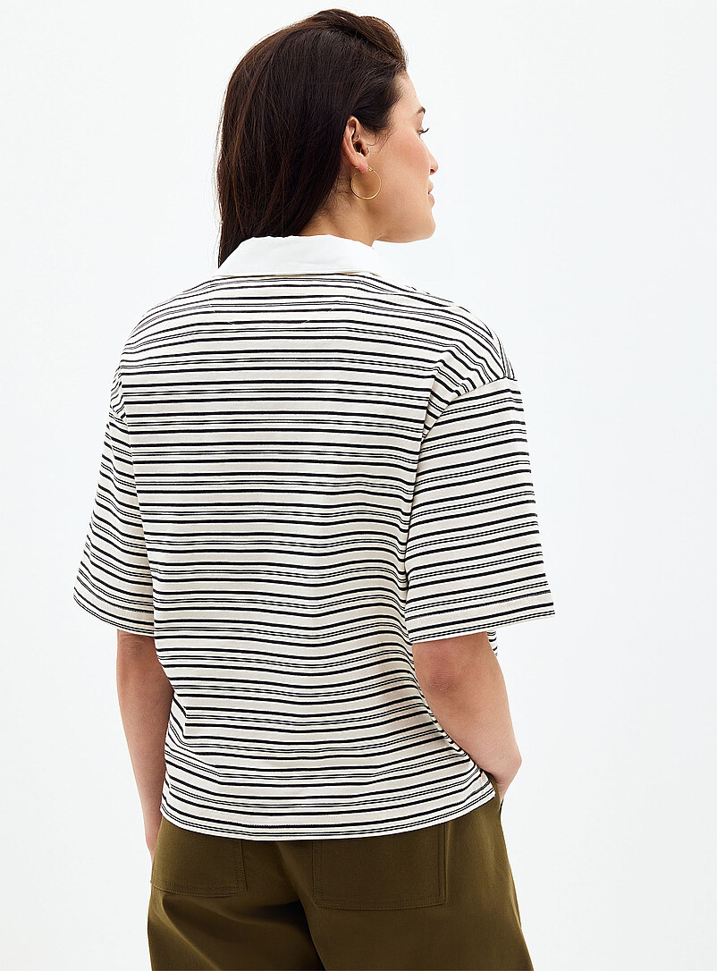 Contemporaine Black and White Striped heavyweight jersey boxy-fit polo shirt for women